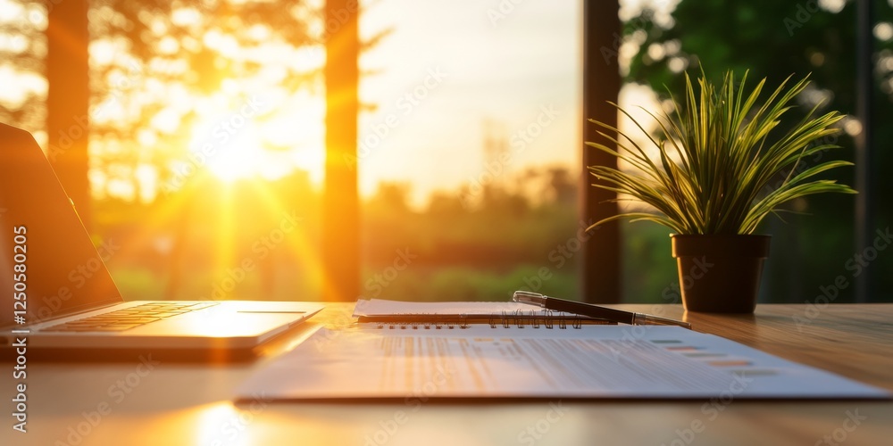 Poster sunlit workspace collaboration business strategy papers and technology on sustainable desk - modern 