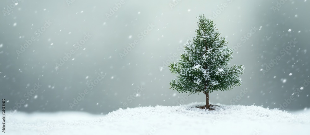 Poster miniature evergreen tree surrounded by snowfall creating a serene winter background with space for t