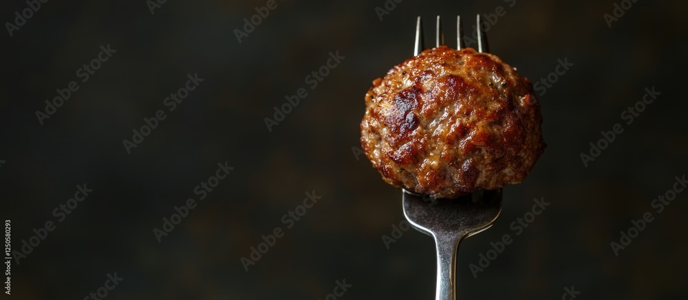 Poster delicious meatball on a fork with dark background and space for customizable text or branding elemen