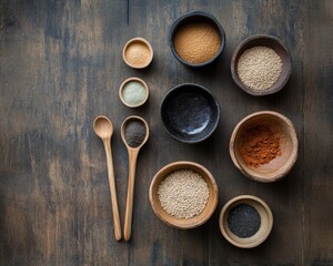 Rustic Farmhouse Kitchen Wooden Counter with Assorted Seeds and Grains in Ceramic Bowls - Culinary Content Creation and Sustainable Cooking Merchandising