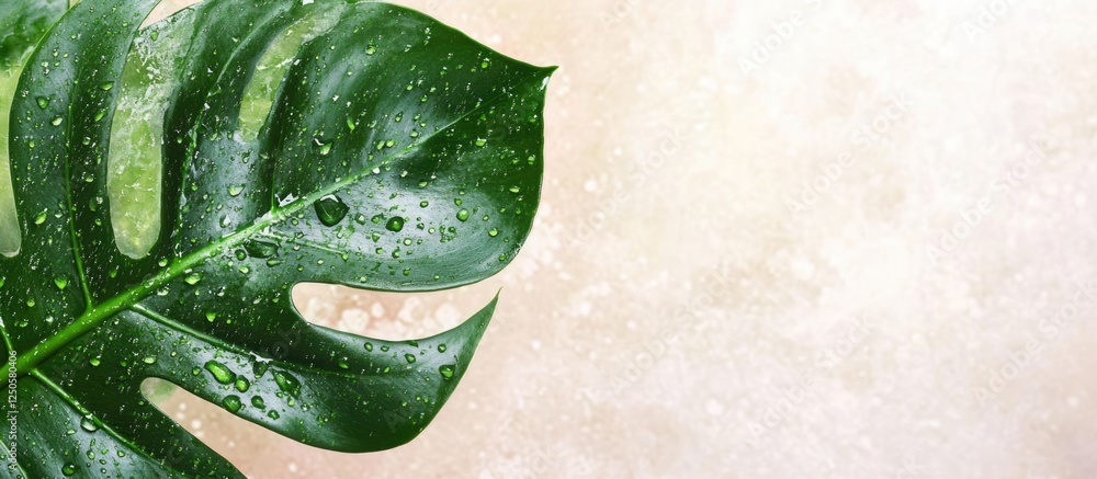 Poster lush green leaf with water droplets on a textured background providing ideal space for text and desi
