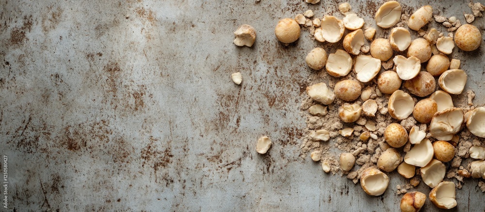 Poster macadamia nut shells arranged on a textured gray concrete surface showcasing natural patterns and co