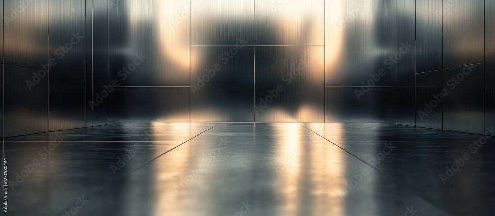 Poster reflective metallic surface with soft lighting creating an industrial atmosphere suitable for techno