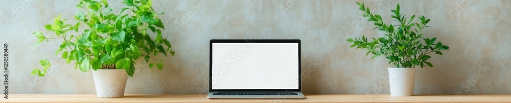 Aufkleber minimalist home office aesthetic modern desk with laptop and greenery - remote work content and insp