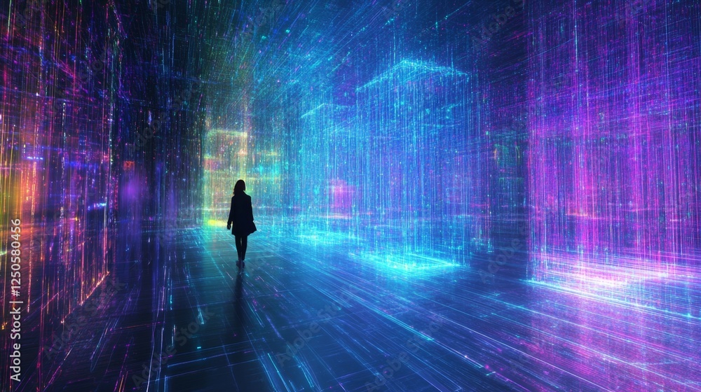 Poster weaving neon threads of data digital landscape visual art cyber environment abstract concept