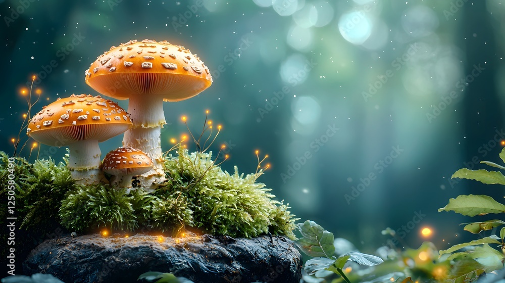 Poster enchanted forest with glowing mushrooms and mystical nature landscape fairytale fantasy background w