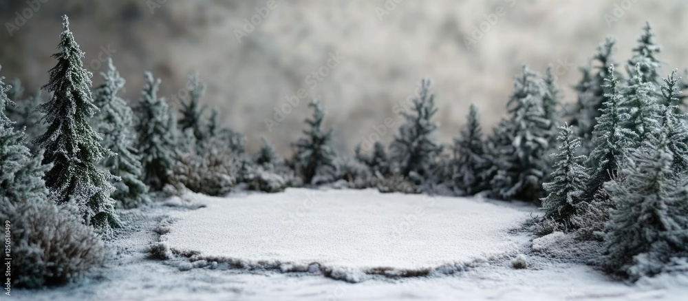 Poster snowy forest clearing with miniature trees and empty surface ideal for adding text or overlays in a 