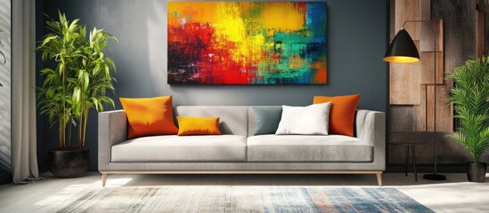 Stylish Modern Living Room Featuring Cozy Sofa Abstract Art Soft Lighting and Elegant Plants with Space for Custom Text