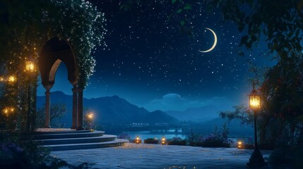 Panoramic dark blue twilight sky with crescent moon and shining star for ramadan kareem, eid mubarak, eid al-adha, eid al-fitr, and islamic new year background design, symbolizing peace, spirituality,