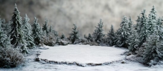 Snowy forest clearing with miniature trees and empty surface ideal for adding text or overlays in a serene winter landscape