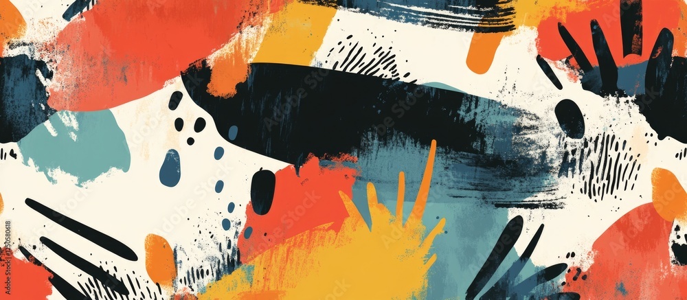 Poster vibrant abstract pattern with dynamic brush strokes and randomized shapes in bold colors for creativ