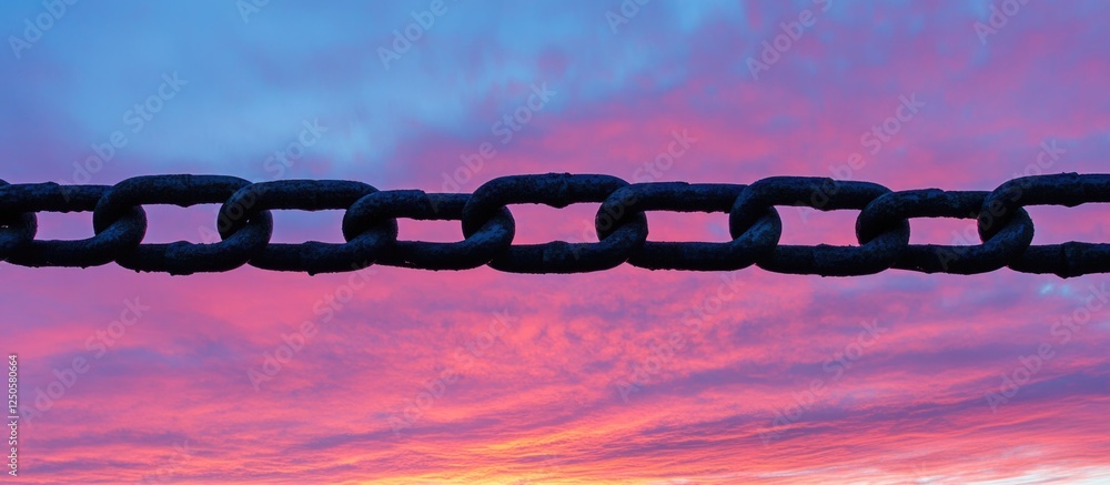 Poster metal chain link fence silhouetted against a colorful sky during sunset creating a striking visual p