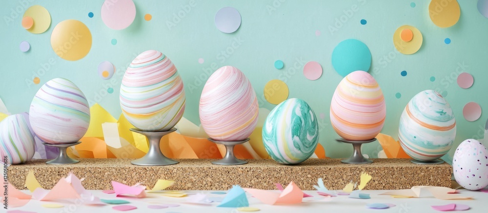 Poster colorful marble easter eggs displayed on stands with cork backing and festive paper decor creating a