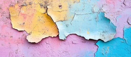 Obraz premium Colorful textured wall background with peeling paint and scratches showcasing a blend of pastel hues and weathered surfaces.