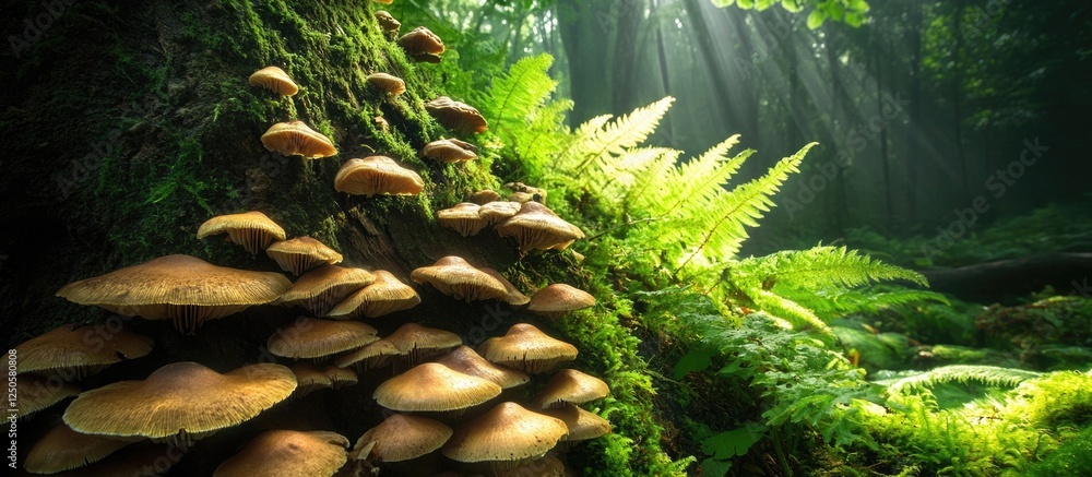 Poster mushrooms and ferns growing on a moss-covered tree in a tranquil forest setting with sunlight filter