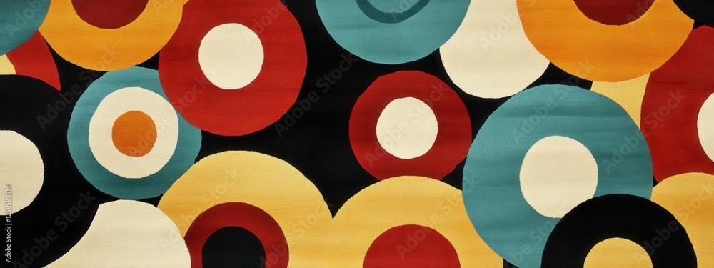 Aufkleber bold overlapping circular patterns in an abstract rug design, vibrant colors, seamless integration, 