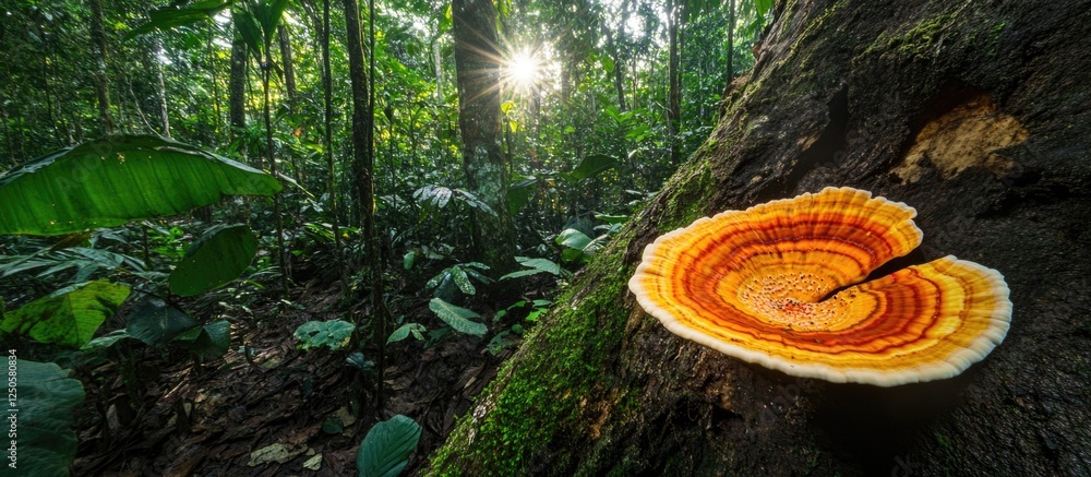 Aufkleber vibrant mushroom growth atop a tree in lush forest setting with sunlight filtering through the folia