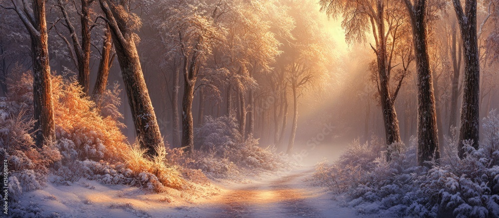 Poster enchanted winter forest illuminated by soft sunlight with frosty trees and serene atmosphere creatin