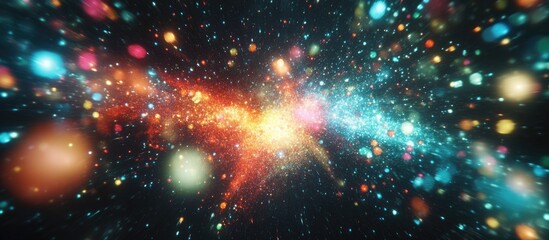 Obraz premium Colorful particles explosion in space against a black background representing cosmic energy and vibrant motion in an abstract visual.