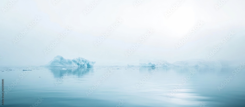 Poster tranquil antarctic scene with icebergs and serene waters in a foggy atmosphere ideal for text overla