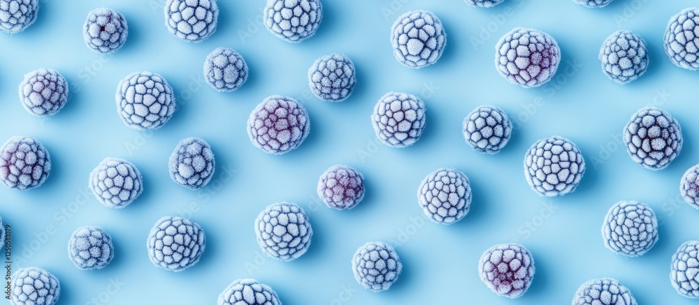 Poster frozen blueberries scattered across a light blue background creating a textured pattern of frosted b