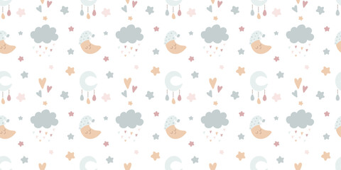 Seamless Boho Baby Pattern with Clouds, Moons, and Stars in Soft Pastel Colors for Kids and Nursery Design