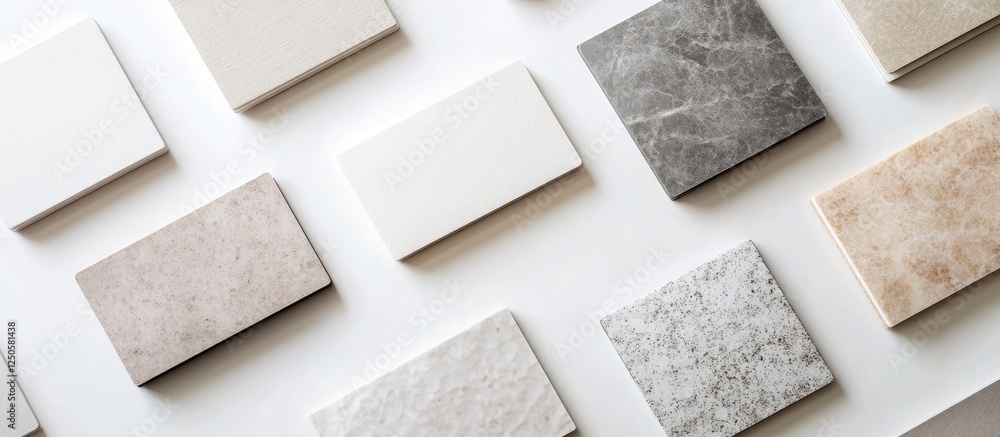 Poster elegant media cards in various textures and colors arranged on a white background showcasing modern 