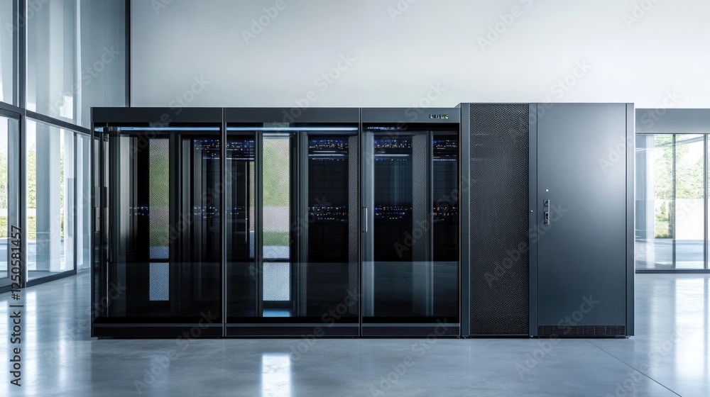 Poster futuristic data center featuring advanced server technology and sleek design elements in a contempor