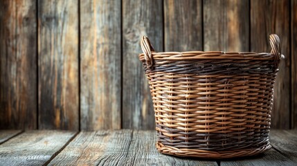 Empty wicker basket on rustic wood table against wooden planks background