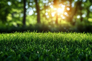 Naklejka premium Close-up of beautiful green grass in spring with blurred background, copy space for nature and environment stock photo contest winner.