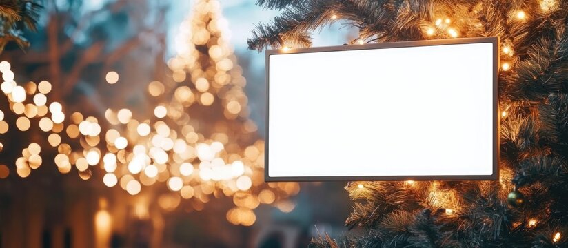 Mockup of blank white display screen surrounded by festive lights and decorations for seasonal advertising or messaging purposes