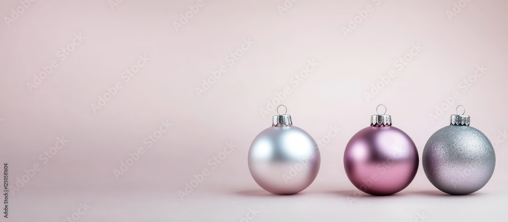 Poster minimalist christmas ornaments in soft hues on a light background with ample space for holiday text 