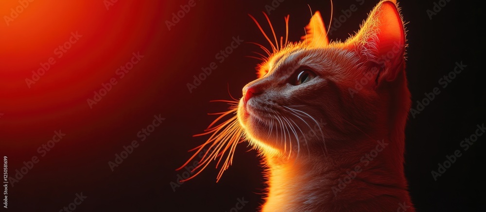 Poster magical ginger cat illuminated by neon light with empty space for custom text and creative designs