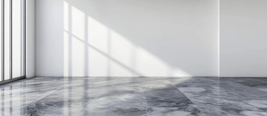 Obraz premium Minimalist Bathroom Interior Featuring White Walls and Grey Faux Marble Flooring with Natural Light and Clear Space for Textual Elements