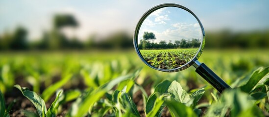 Magnifying glass over agricultural land exploring sustainable practices and environmental impacts with space for text insertion