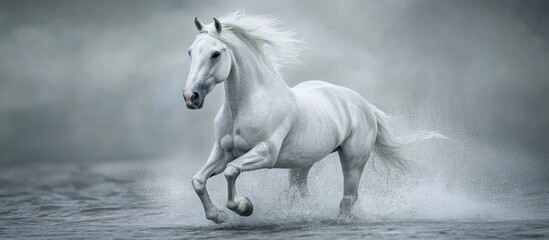 Majestic white horse galloping freely in a misty post-rain landscape with ample space for text above and below the subject.