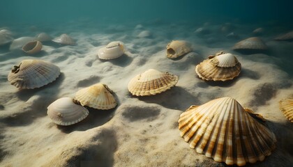 Seashells resting on an ocean floor sandy seabed