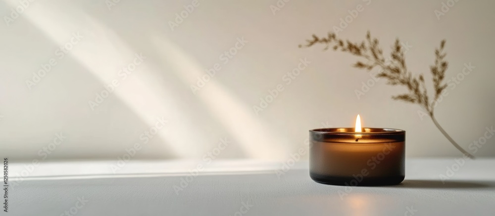Poster elegant minimalist candle with soft light and natural elements on white background for text integrat