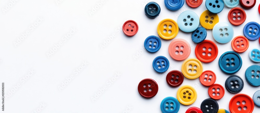 Poster colorful assorted sewing buttons in various sizes and shapes arranged on a clean isolated background
