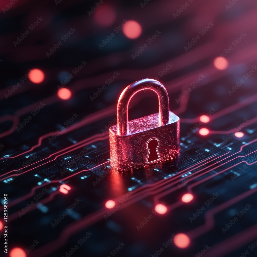 Poster Futuristic Cybersecurity Design Metallic Padlock on Digital Network Background - Advanced Tech Branding and Secure Online Solutions for Business Protection