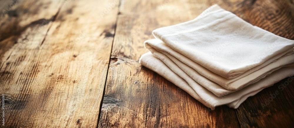Poster elegant stack of napkins on a rustic wooden table with ample empty space for text and creative desig