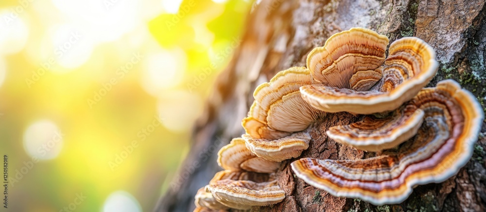 Poster fungi growth on tree trunk in soft natural light with selective focus background