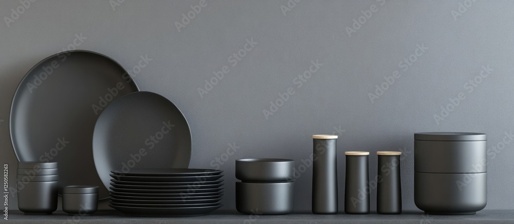 Poster minimalist black tableware collection for bedroom kitchen or reception with empty space for text dis