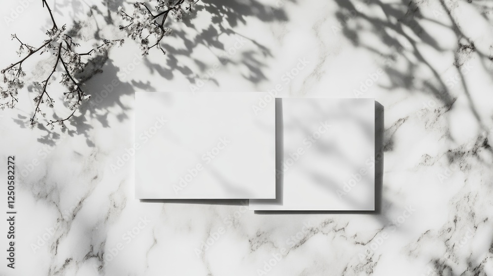 Aufkleber elegant minimalistic display of two blank white business cards on a textured marble surface with sof