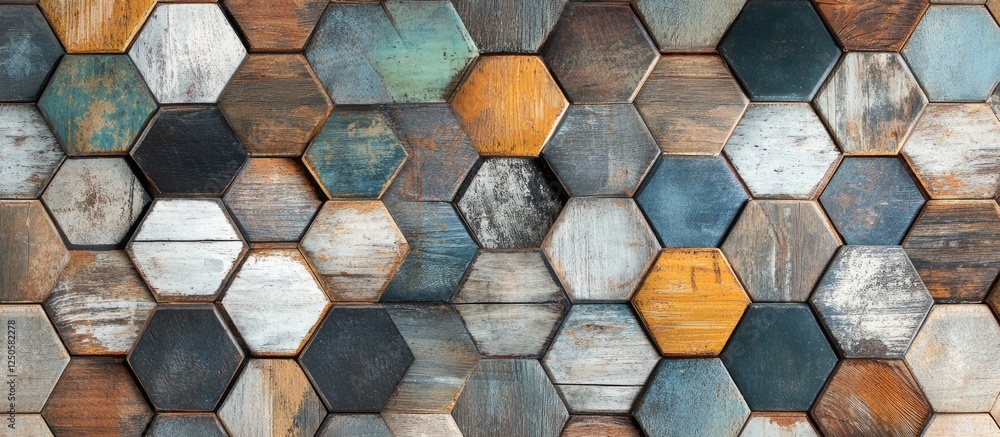 Poster multicolored hexagonal parquet floor design featuring rustic barn wood textures and seamless pattern