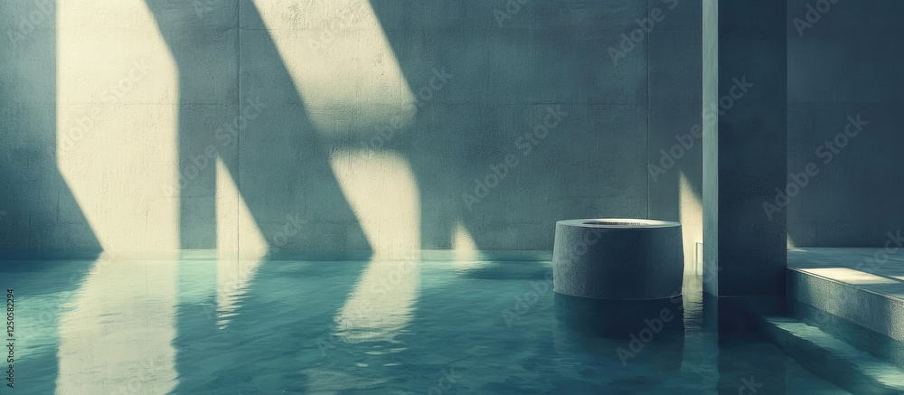 Poster serene underwater scene featuring minimalist cement textures and dynamic light and shadow interplay 