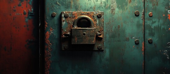 Rusty metal door with vintage padlock showcasing weathered textures and vibrant colors in an industrial setting