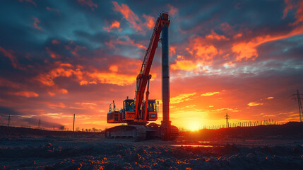 Fototapeta premium Dramatic sunset illuminates pile driver during construction activity at a construction site