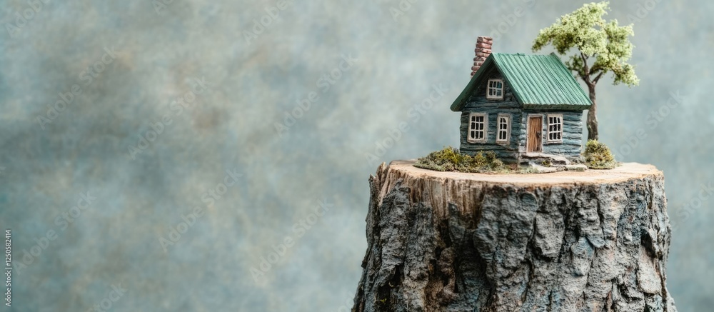 Poster miniature house with green roof on tree stump against textured background with blank space for text 