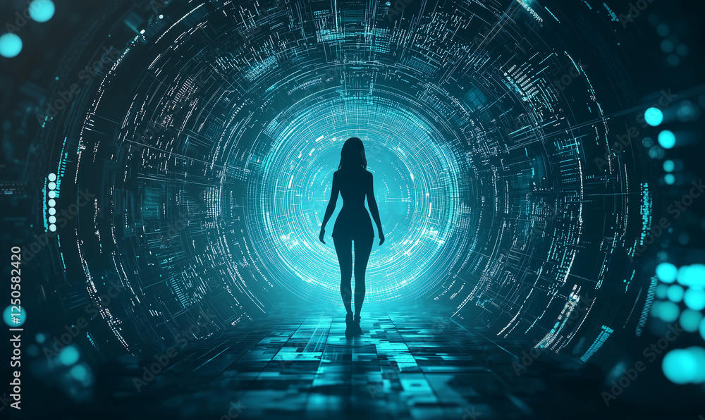 Poster a silhouetted figure walks through a futuristic tunnel filled with glowing digital patterns, represe